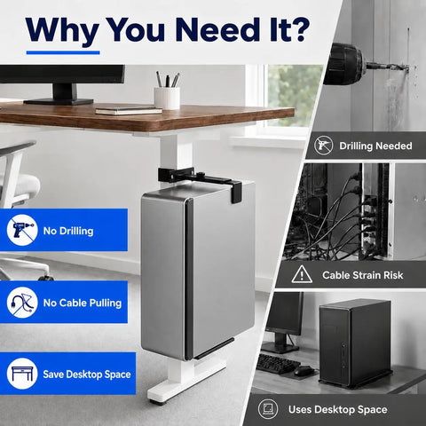 Slick Under Desk PC Mount Features A No Drill Hassle Setup For Standing Desks And Adjustable Workstations While Providing Dang Secure Grip For Your Computer CPU To Keep Your Home Office Clean, showing a gray PC holder clamp.