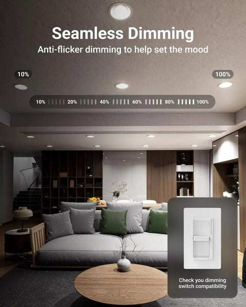 Living room with seamless dimming using 12 Pack BR30 LED Bulbs For Recessed Can Lights, Indoor Flood Lighting