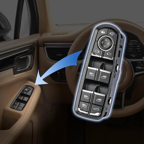 Image showing a Master Power Window Switch Driver Side Replacement for Porsche Macan 2015 2018 Panamera 2011 2016 Cayenne 2011 2018 Replaces OEM 7PP959858AEDML Easy Install Durable Auto Window Control Button For Up And Down, with installed view on the door panel.