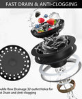 Exploded view of Matte Black 3-1/2 Inch Kitchen Sink Drain Assembly Kit with Strainer Basket and Stopper showing fast drain feature