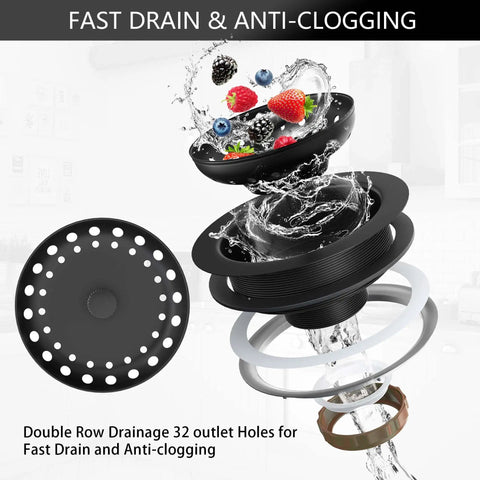 Exploded view of Matte Black 3-1/2 Inch Kitchen Sink Drain Assembly Kit with Strainer Basket and Stopper showing fast drain feature