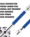 Close-up of Beefy 16 Inch Universal Lug Wrench Four Way Tire Iron with Non Slip Handle showcasing blue grips and solid construction.