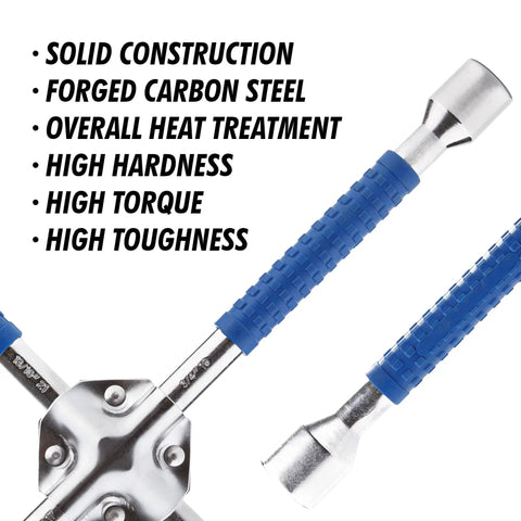 Close-up of Beefy 16 Inch Universal Lug Wrench Four Way Tire Iron with Non Slip Handle showcasing blue grips and solid construction.