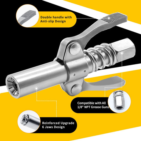 Grease gun coupler with double-handle anti-slip design, 1/8-in NPT, six-jaw reinforced