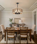 23-Inch 7-Light Rustic Wood Drum Chandelier With Metal Accents in dining room, vintage farmhouse pendant light fixture.