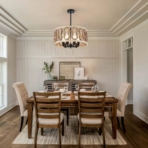 23-Inch 7-Light Rustic Wood Drum Chandelier With Metal Accents in dining room, vintage farmhouse pendant light fixture.