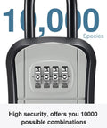 Resettable Combination Key Lock Box close-up showing 4-digit code dials on gray safe with text highlighting 10,000 combinations