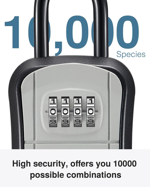 Resettable Combination Key Lock Box close-up showing 4-digit code dials on gray safe with text highlighting 10,000 combinations