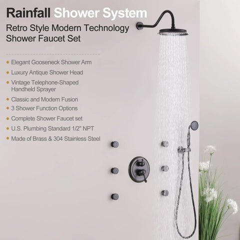 RomceBath Antique Oil Rubbed Bronze Rain Shower Head Faucet System with 6 Body Jet, Vintage 9" Wall Rainfall Head shown with handheld sprayer.