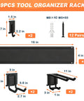 9-piece tool organizer rack with dimensions, screws, and wall mounting details. Heavy duty steel rack for tools and bikes.