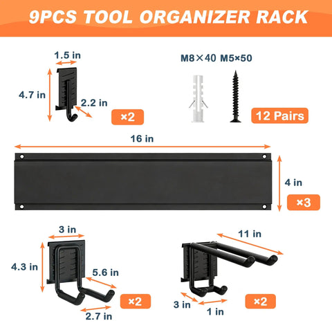 9-piece tool organizer rack with dimensions, screws, and wall mounting details. Heavy duty steel rack for tools and bikes.