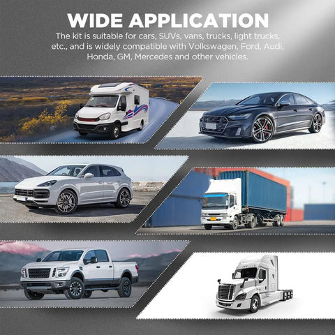 Image showing various vehicles compatible with No Sweat Universal Coolant Vacuum Refill Kit For Cars With Super Long Hose Precise Pressure Gauge And Quick Connect Adapters Dead Simple Cooling System Air Purge Tool.
