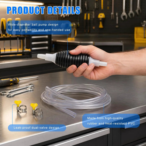No Drama Manual Liquid Siphon Pump With Long Hose And Tough Clamps Portable Hand Squeeze Gasoline And Oil Transfer Tool for easy use.
