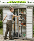 Tall Outdoor Storage Cabinet With Adjustable Shelves For Garden And Garage White Plastic And Wood Build Waterproof Roof Lockable Doors Yard Ready Tool Shed For Patio Backyard And Other Outdoor Spaces