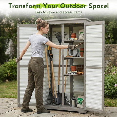 Woman organizing tools in outdoor storage cabinet with adjustable shelves, tall white wood and plastic shed with weatherproof roof