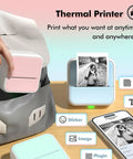 Banapoy Inkless Bluetooth Thermal Label Maker Machine With Five Rolls Paper Portable Pocket Sized Sticker Printer on a countertop with a backpack.