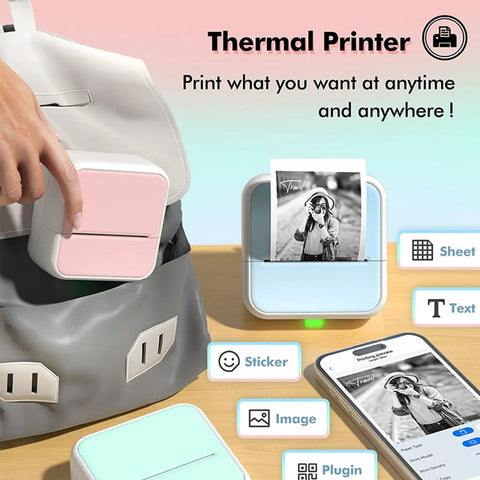 Banapoy Inkless Bluetooth Thermal Label Maker Machine With Five Rolls Paper Portable Pocket Sized Sticker Printer on a countertop with a backpack.