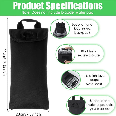 Insulated Hydration Bladder Bag for Outdoor Adventures, black 600D Oxford fabric, measures 17.32 by 7.8 inches, insulation visible.