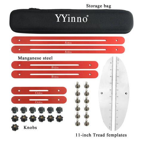 Accurate Stair Tread Measuring Tool With Adjustable Template Jig showing red manganese steel pieces, knobs, and 11-inch tread template