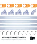Drop Dead Easy Two And A Half Inch Dust Collection Fitting Network Kit With Five Swing Out Blast Gates Three Foot Duct Pipes Y Branches And Ninety Degree Elbows For Zero Mess Woodshop Cleanups components including pipes, fittings, and clamps.