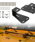 Hi Lift Jack Hood Mount Brackets For Jeep Wrangler YJ TJ JK, black 3/16 inch steel, installed on yellow Jeep hood with hardware shown