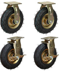 Heavy Duty Rubber Pneumatic Casters 4 Pack 8 10 Inch Rock Solid Replacement Wheels With Swivel Brakes For Furniture Trolleys And Workbenches Hella Smooth Floor Savers, close-up view of four wheels with gold mounts.