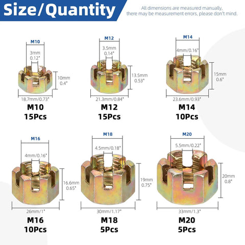 60Pcs Hex Slotted Nuts Set M10 M12 M14 M16 M18 M20 Carbon Steel Hex Castle Nuts dimensions and quantities displayed.