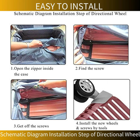 Installation guide for 360 Degree Swivel PVC Suitcase Wheels Replacement Pair With Double Roller Bearings, showing steps to replace wheels.