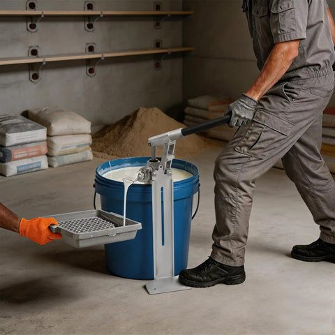Heavy Duty Manual Loading Pump For Thick Paste And Liquid Transfer With Long Handle in use with a bucket and paint tray.
