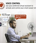 Person using voice control features of Smart Wi Fi Power Strip Surge Protector With Four Outlets Two Usb Ports.