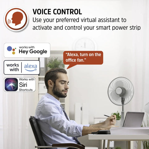 Person using voice control features of Smart Wi Fi Power Strip Surge Protector With Four Outlets Two Usb Ports.