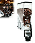 Commercial 4 Pack Coffee Dispenser Straight Up Heavy Duty Countertop Storage Jars For Beans Grains Snacks And Candy Airtight Clear Bulk Food Canisters showcasing three compartments filled with coffee beans.