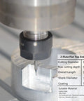 SpeTool 2-flute flat-top carbide end mill, 1/32 in dia, in a tool holder above an aluminum workpiece.
