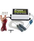 Front view of Power Bubbles 12V air pump aeration system with white module, red/black leads, tubing and foam filters