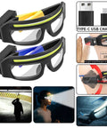 Ultra Bright LED Glasses With Rechargeable Headlight Motion Sensor shown in yellow and blue, touch control USB C charging.