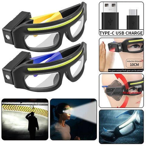Ultra Bright LED Glasses With Rechargeable Headlight Motion Sensor shown in yellow and blue, touch control USB C charging.
