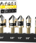 Five Piece Countersink Drill Bit Set For Metal With M2 Cobalt Bits, 82 Degree Countersink, hex shank in multiple sizes on display.
