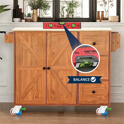Heavy Duty Leveling Casters With Quick Turn Ratchet Handles, Set Of Four Ball Bearing Rolling Wheels providing solid support under wooden furniture.