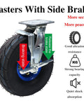 Heavy Duty Pneumatic Rubber Swivel Caster Wheels 8 Inch 4 Pack showing side brake mechanism for secure locking.