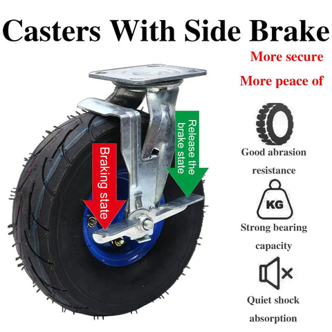 Heavy Duty Pneumatic Rubber Swivel Caster Wheels 8 Inch 4 Pack showing side brake mechanism for secure locking.