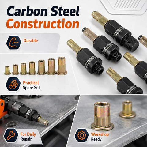 Rivet Nut Tool Set for Installation M3 To M10, Pro Grade Heavy Duty Carbon Steel Nutsert Kit, quick-release heads and inserts