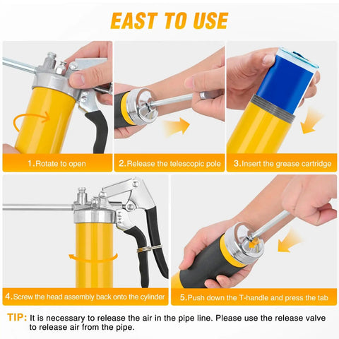 Step-by-step guide for using Heavy Duty Pistol Grip Grease Gun Kit With 18 Inch Flexible Hose Quick Release Coupler 8000 PSI.