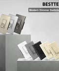 Assorted modern dimmer switches displayed on platforms, including Matte Brown Dimmer Switch Pack Of 10 For Single Pole Or 3 Way Install