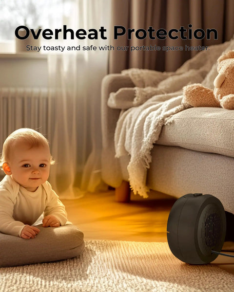 Cozy Plug-In Space Heater With 2 Second Fast Heating And PTC Ceramic by sofa, safe near baby on floor