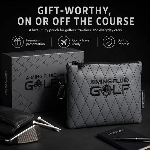 Premium Diamond-Stitched Leather Golf Valuables Pouch With Zippered Utility Bag and 360 Swivel Clip on display.
