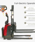 Heavy Duty Full Electric Pallet Stacker With 3300 Lb Capacity And 78 Inch Lift Height, Walk Behind Material Handler showing control panel and forks.