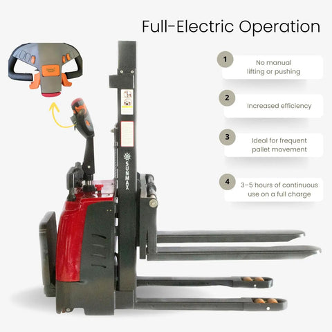 Heavy Duty Full Electric Pallet Stacker With 3300 Lb Capacity And 78 Inch Lift Height, Walk Behind Material Handler showing control panel and forks.