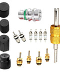 16 Piece Air Conditioning Valve Core Kit With Service Valves, Pressure Caps And Charging Port For R134A Ducts, Universal Fit, Black components