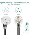 Heavy Duty 3 Prong Dryer Extension Cord 30 Amp NEMA 10-30P To 10-30R With Lighted End, 10 Feet, 3×10 AWG Pure Copper