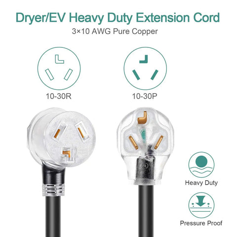 Heavy Duty 3 Prong Dryer Extension Cord 30 Amp NEMA 10-30P To 10-30R With Lighted End, 10 Feet, 3×10 AWG Pure Copper